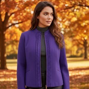 Women's Plus Size Jacket Zip Up Pleated Ruffles Deep Purple Faux Suede